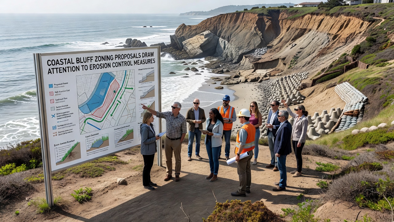 Engineers inspecting erosion control structures on a coastal bluff site