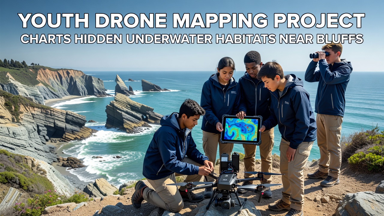 Detailed drone-generated map overlay showing underwater habitat features along the bluff shoreline